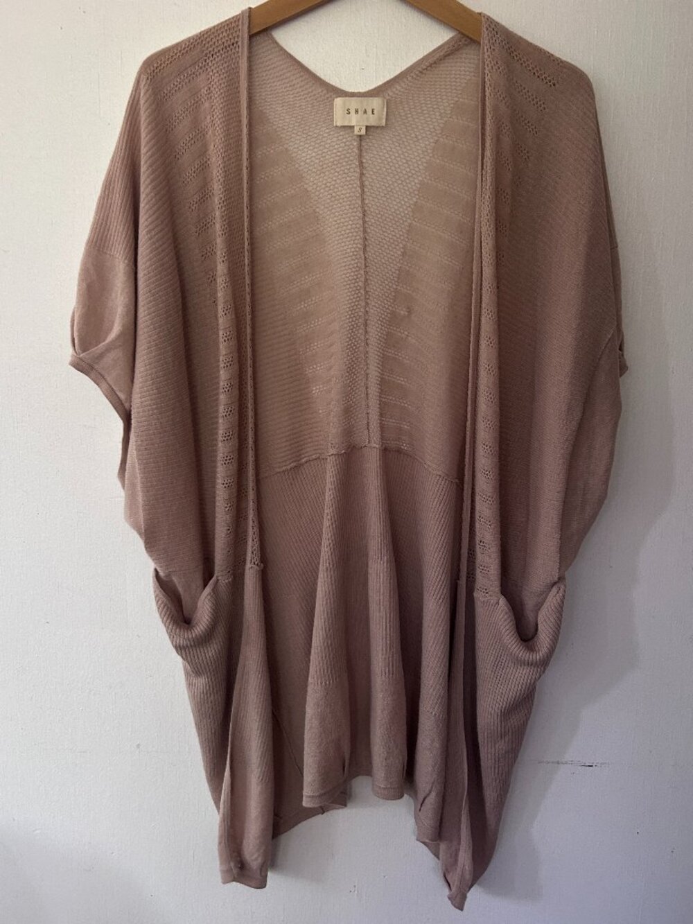 SHAE Open Front Linen Blend Cardigan Small Pockets Dolman Sleeves Tan Neutral